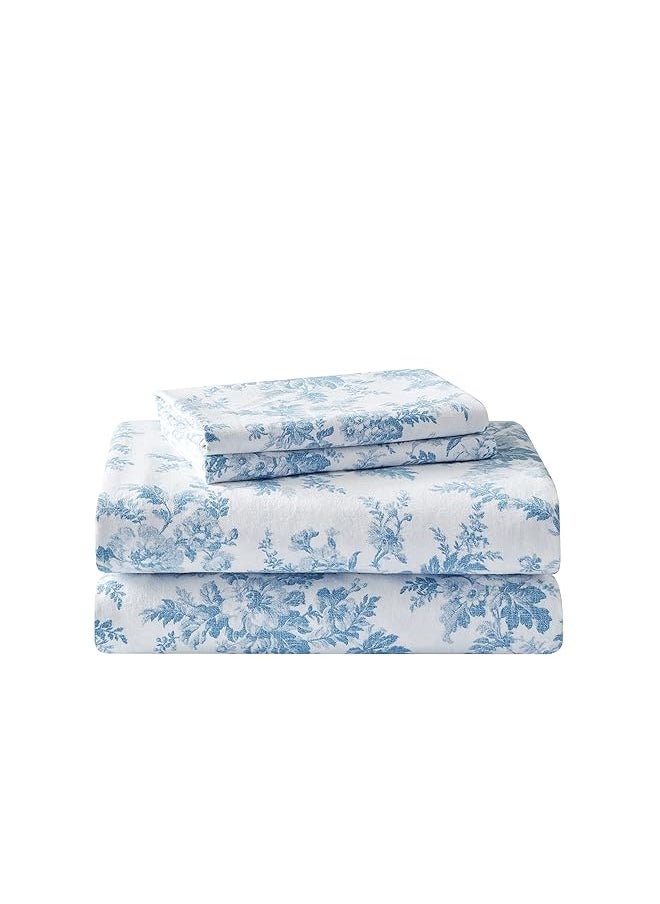 LAURA ASHLEY - Twin Sheet Set Cotton Flannel Bedding Brushed For Extra Softness And Comfort Vanessa Blue Twin - Image 1