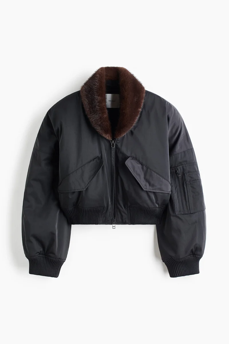 Fluffy-collar bomber jacket