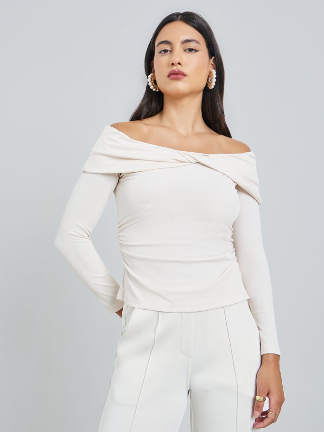 Styli Beige Off-Shoulder Twisted Front Knit Top - Image 1