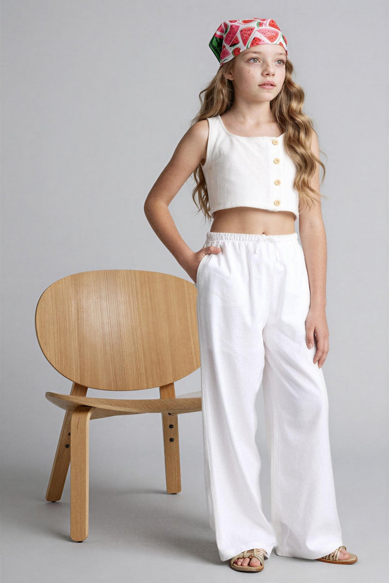 DeFacto White Girl Girl Wide-Leg Linen Blend Trousers for Girls Casual - Image 1