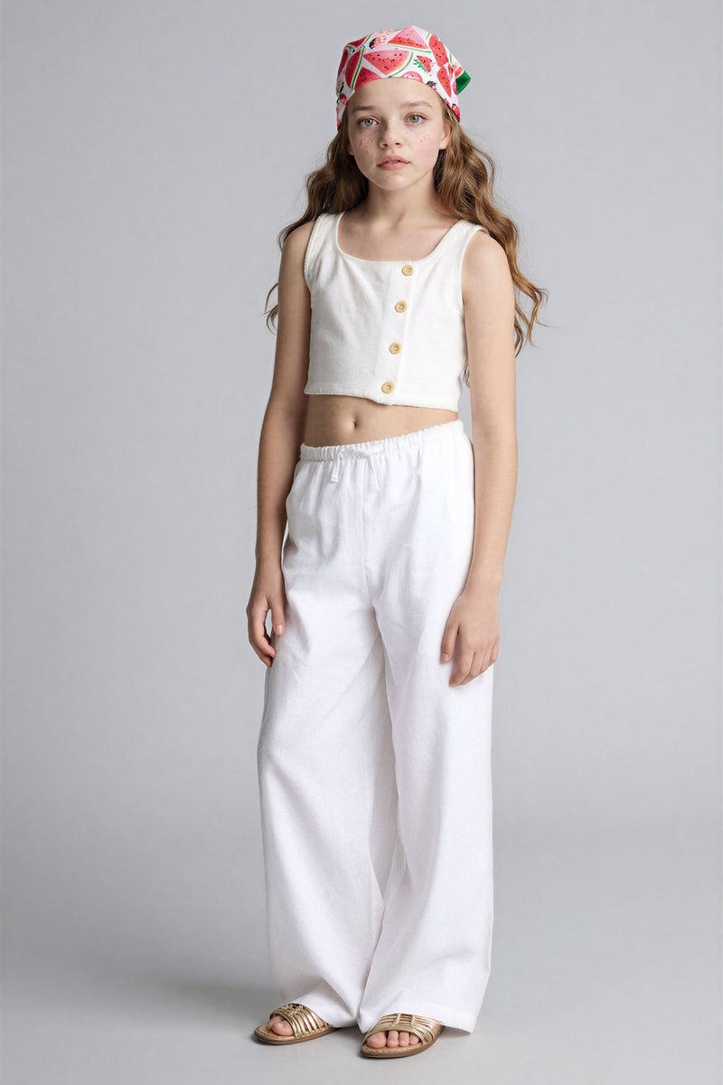 DeFacto White Girl Girl Wide-Leg Linen Blend Trousers for Girls Casual - Image 2