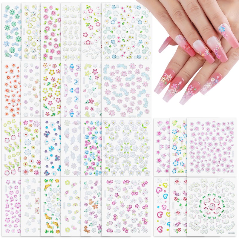 Umillars Flower Nail Art Stickers Decals, 30 Sheets Colorful Spring Floral Nail Decals 3D Self-Adhesive Pink White Daisy Heart Star Nail Stickers for Nail Art Design Flowers Pegatinas Para UÃ±as for Women Nails - Image 1