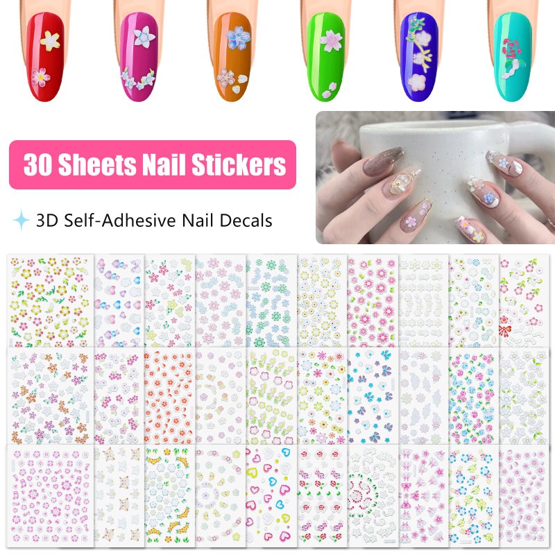 Umillars Flower Nail Art Stickers Decals, 30 Sheets Colorful Spring Floral Nail Decals 3D Self-Adhesive Pink White Daisy Heart Star Nail Stickers for Nail Art Design Flowers Pegatinas Para UÃ±as for Women Nails - Image 2