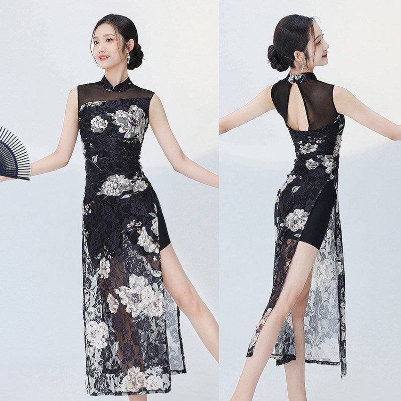 Modern classical dance qipao dance clothing temperament flower national style qipao skirt slit body rhyme ethnic style training clothes - Image 2