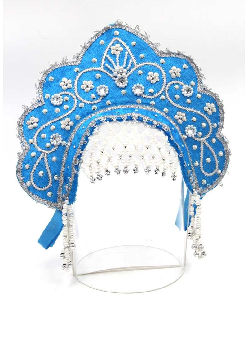 D'Daniela D' Daniela - Women's Traditional Headdress Kokoshnik - Blue with Silver Stones and Beads
