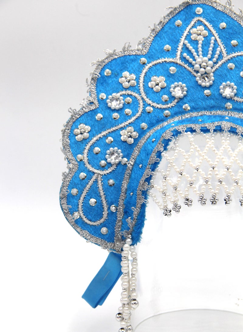 D'Daniela D' Daniela - Women's Traditional Headdress Kokoshnik - Blue with Silver Stones and Beads - Image 4