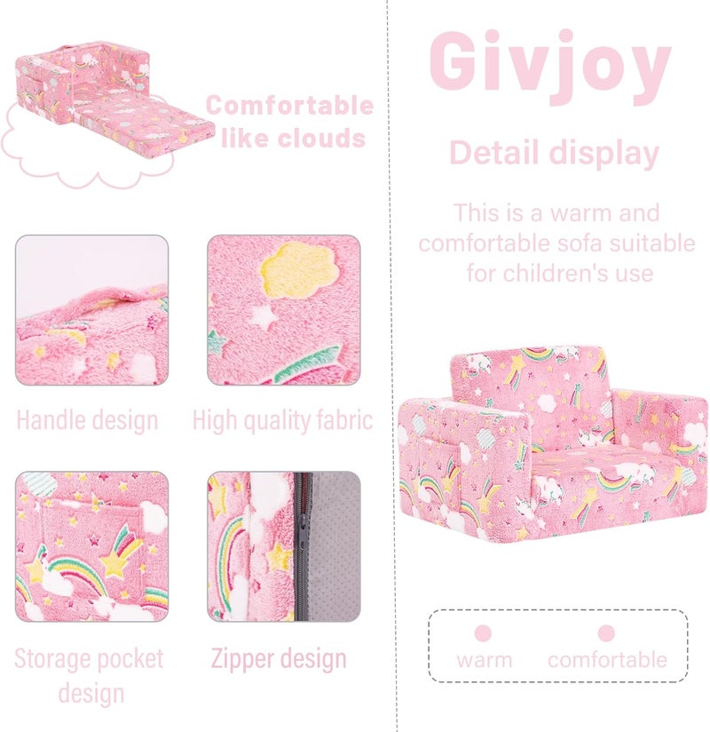 Givjoy كرسي الأطفال الصغار أريكة الأطفال، كرسي ذو ذراعين مريح 2 في 1 مع غطاء قابل للإزالة والغسل ومقبض حمل، كرسي قراءة قابل للتحويل أريكة الأطفال الصغار للبنات والبنين - Image 4