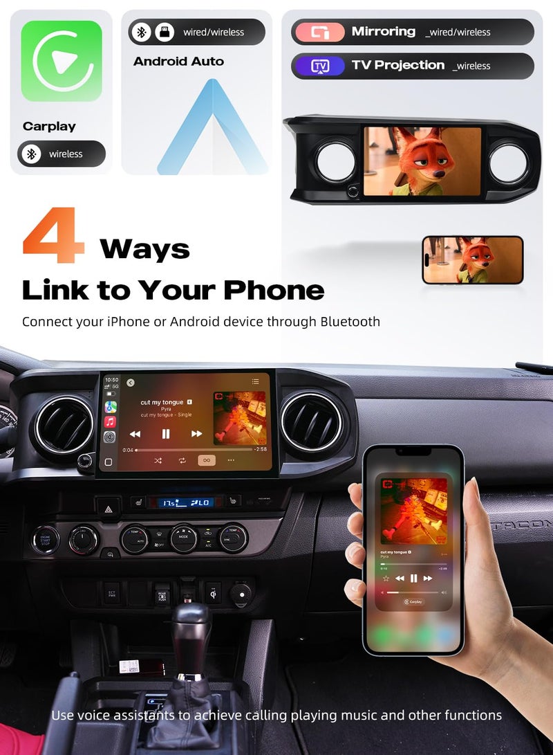 Dasaita Android 13 Car Stereo for Toyota Tacoma 2016-2022, 11.6" 2K Touchscreen Head Unit, 6GB+64GB, Wireless Apple CarPlay & Android Auto, 8-Core CPU, Bluetooth 5.0, 4G LTE/5G WiFi, Plug & Play - Image 4