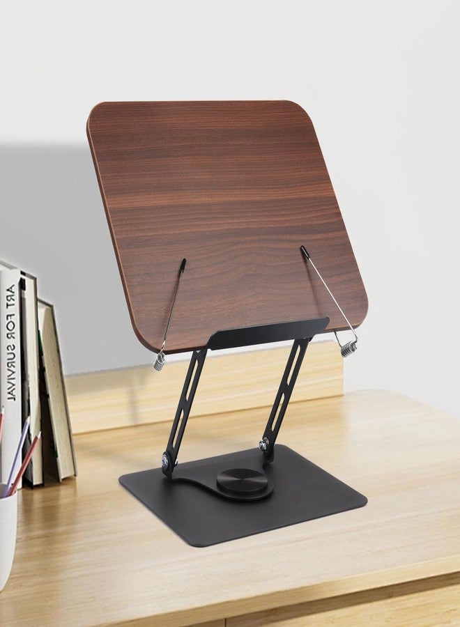 Honagu Book Stand for Reading, Adjustable Book Holder with 360 Degree Rotating Base & Page Clips, Hands Free Foldable Desktop Cookbook Stand for Sheet Music, Laptop, Recipe, Textbook (Brown Wood) - Image 1