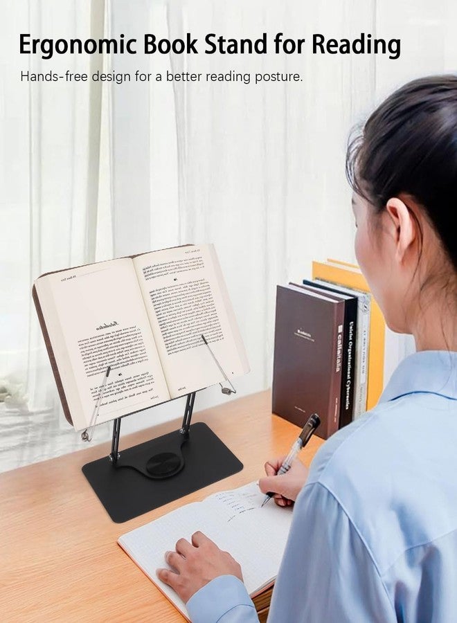 Honagu Book Stand for Reading, Adjustable Book Holder with 360 Degree Rotating Base & Page Clips, Hands Free Foldable Desktop Cookbook Stand for Sheet Music, Laptop, Recipe, Textbook (Brown Wood) - Image 4
