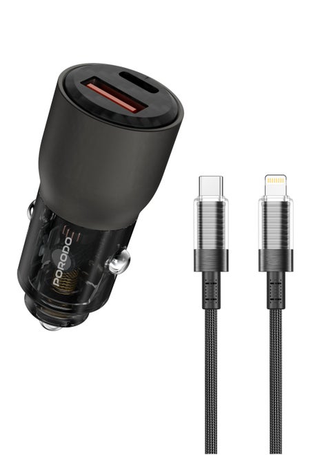 95W Car Charger Transparent Multi-Device PD Charging with 0.9m USB-C to Lightning Cable / Simultaneous Fast Charging / Universal Compatibility / Efficient Charging for Road Trips and Travel - Black
