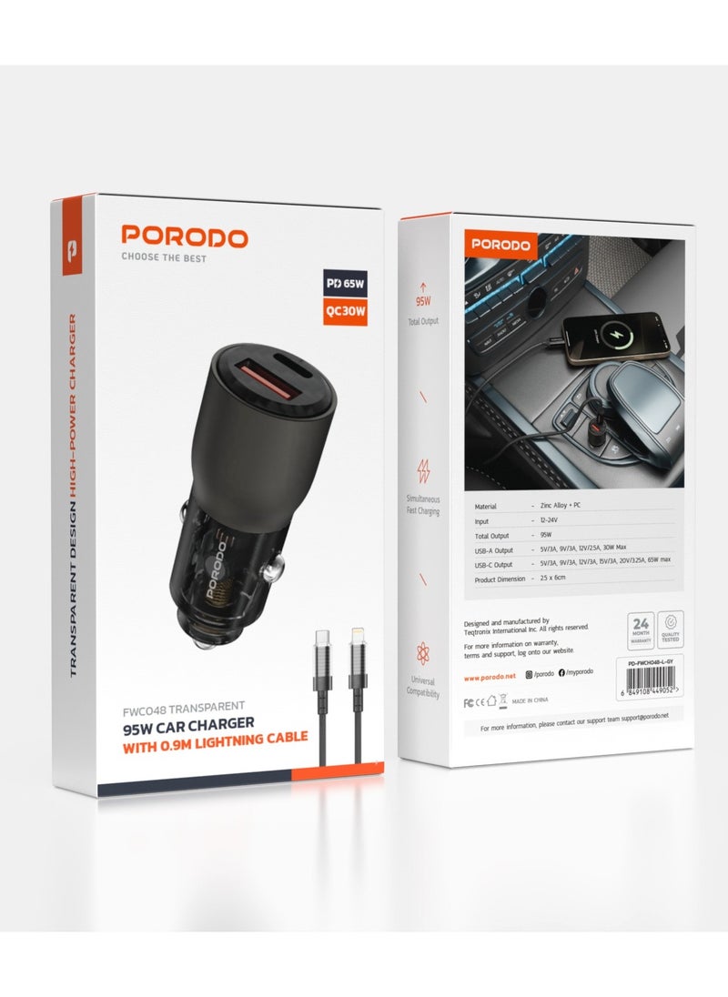 porodo - 95W Car Charger Transparent Multi-Device PD Charging with 0.9m USB-C to Lightning Cable / Simultaneous Fast Charging / Universal Compatibility / Efficient Charging for Road Trips and Travel - Black - Image 1