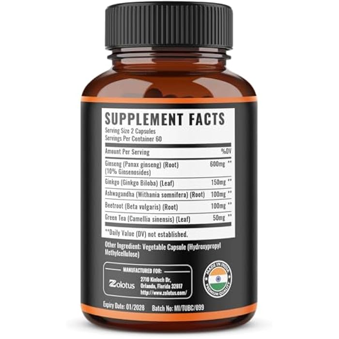 Zolotus Korean Red Panax Ginseng + Ginkgo Biloba, Ashwagandha, Beetroot, Green Tea - 120 Capsules for 2 Month Supply - Image 2