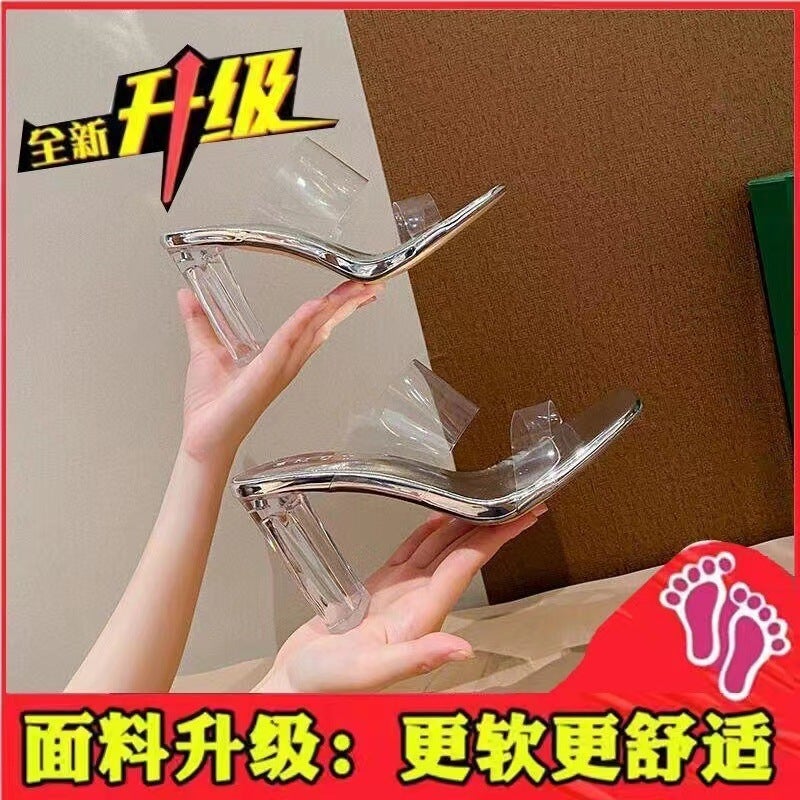 2023 Summer New Style Womens High Heels Sandals One Row Strap Transparent Thick Crystal Heel Outer Wear Slippers Korean Style Silver [7cm]]