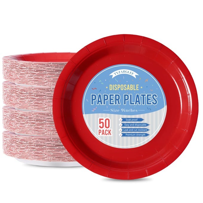 DISPOSABLE PAPER PLATES RED 50 COUNT 9 DINNER PLATES BULK FOR PARTY SUPPLIES COLORED AND STURDY PARTY PLATES FOR BIRTHDAY CHRISTMAS BABY SHOWER BRIDAL PARTY SUPPLIES