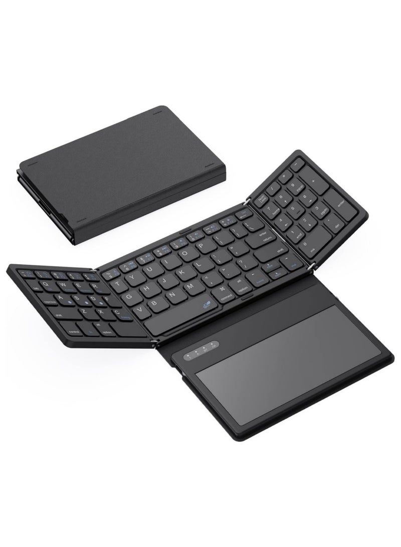 اووكاي لوحة مفاتيح بلوتوث قابلة للطي باللغتين العربية والإنجليزية، لوحة مفاتيح قابلة للطي محمولة كاملة الحجم مع لوحة لمس كبيرة، لوحة مفاتيح رقمية، جلد بولي يوريثان، لوحة مفاتيح سفر لاسلكية لنظامي التشغيل Windows وAndroid وMac (مزامنة حتى 3 أجهزة) - Image 1