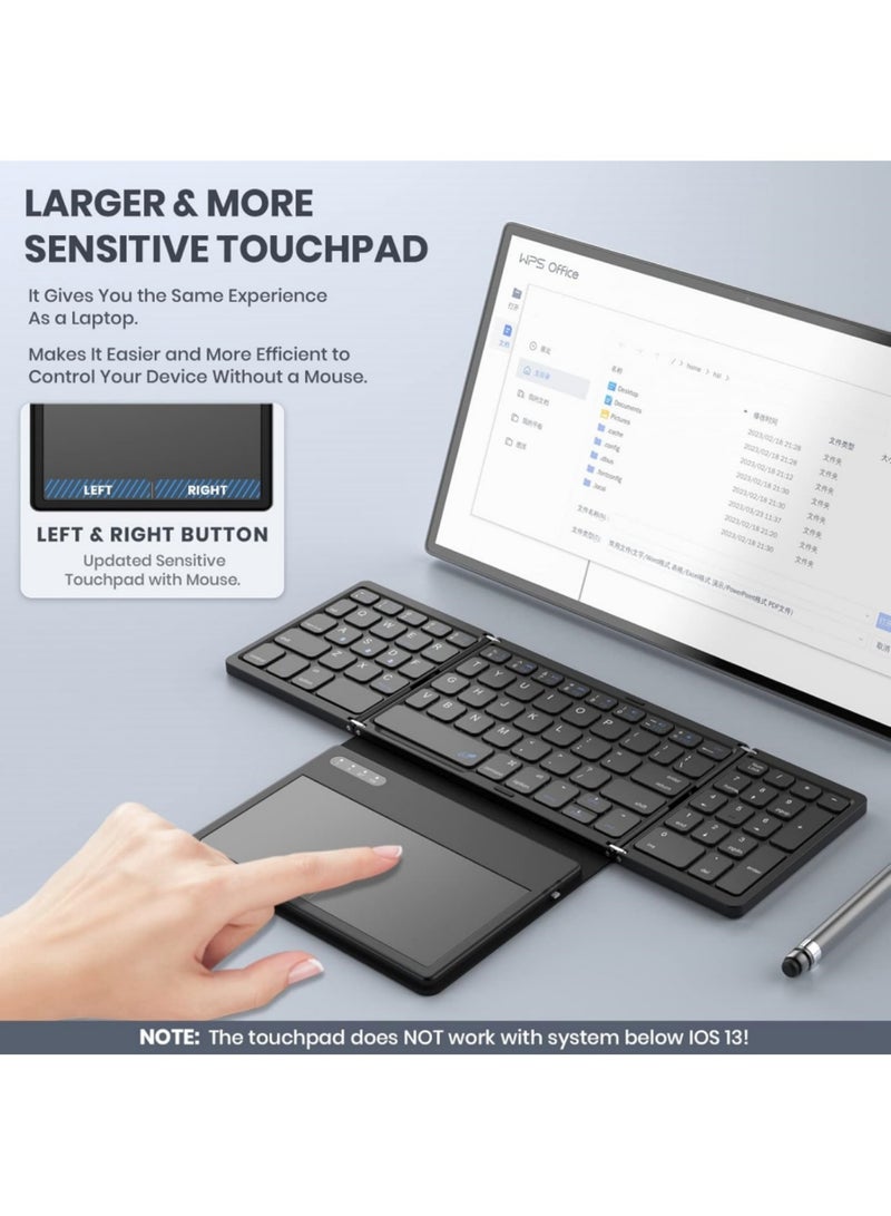 اووكاي لوحة مفاتيح بلوتوث قابلة للطي باللغتين العربية والإنجليزية، لوحة مفاتيح قابلة للطي محمولة كاملة الحجم مع لوحة لمس كبيرة، لوحة مفاتيح رقمية، جلد بولي يوريثان، لوحة مفاتيح سفر لاسلكية لنظامي التشغيل Windows وAndroid وMac (مزامنة حتى 3 أجهزة) - Image 2