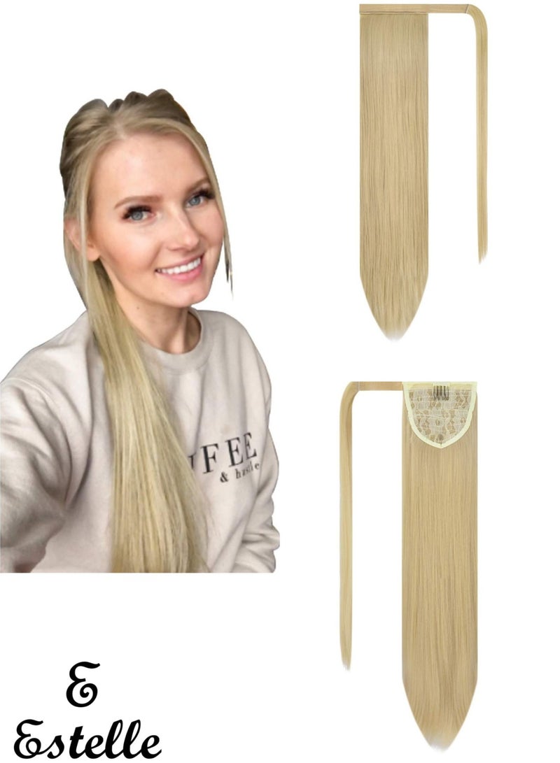 إستيل شعر صناعي طويل مستقيم ملفوف حول شكل ذيل حصان، وصلة شعر على شكل ذيل حصان من قطعة واحدة للنساء، (اللون: مزيج أشقر فاتح وأشقر مبيض) - Image 1