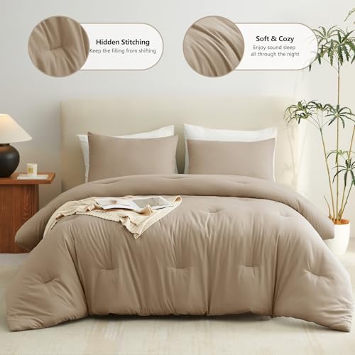 CozyLux Full Size Comforter Set Taupe, 3 Pieces Solid Breathable Quilted Bedding Sets, Luxury Lightweight Soft Bed Set with Down Alternative Comforter and 2 Pillowcases for All Seasons - Image 2