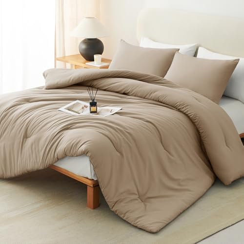 CozyLux Full Size Comforter Set Taupe, 3 Pieces Solid Breathable Quilted Bedding Sets, Luxury Lightweight Soft Bed Set with Down Alternative Comforter and 2 Pillowcases for All Seasons - Image 1
