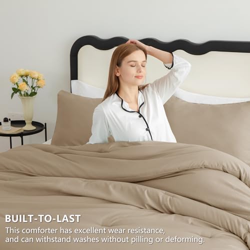 CozyLux Full Size Comforter Set Taupe, 3 Pieces Solid Breathable Quilted Bedding Sets, Luxury Lightweight Soft Bed Set with Down Alternative Comforter and 2 Pillowcases for All Seasons - Image 3