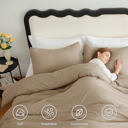 CozyLux Full Size Comforter Set Taupe, 3 Pieces Solid Breathable Quilted Bedding Sets, Luxury Lightweight Soft Bed Set with Down Alternative Comforter and 2 Pillowcases for All Seasons - Image 5