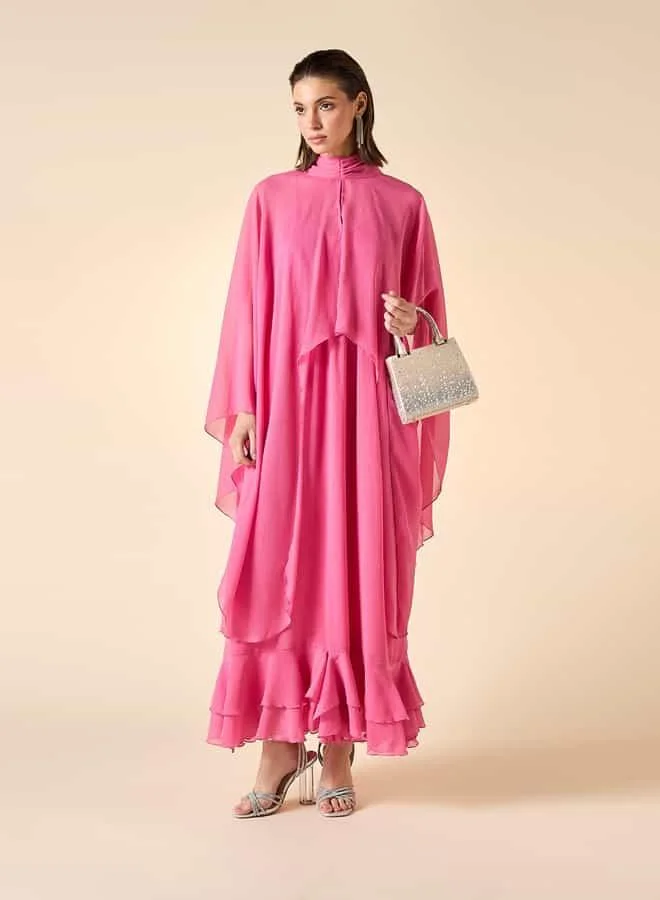 ايكونيك Iconic Textured Cape Maxi Dress with High Neck