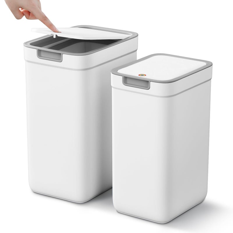 MOPALL 2 Pack Bathroom Trash Can with Lid, 3.6Gal + 2.4Gal Garbage Can with Pop-Up Lid, Small Trash Can Dog Proof, Slim Trash Bin Waste Basket for Toilet, Office, Bedroom, Living Room, Kitchen (White) - Image 1