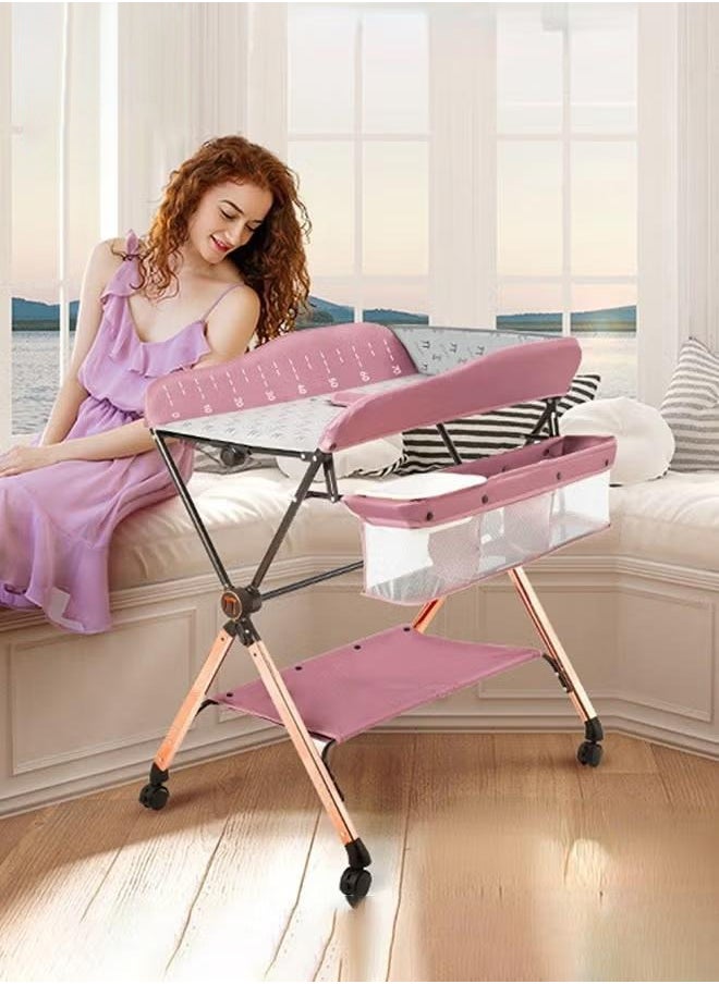 XiuWoo Baby Changing Table, Folding Diaper Station Portable Nursery Organizer with Safety Belt and Large Storage Racks for Newborn Baby and Infant,Pink  - Image 2