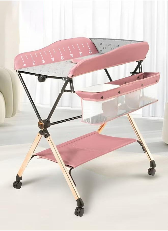 XiuWoo Baby Changing Table, Folding Diaper Station Portable Nursery Organizer with Safety Belt and Large Storage Racks for Newborn Baby and Infant,Pink  - Image 1