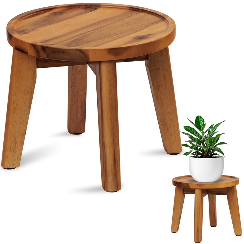 Demigo Indoor Plant Stand, Acacia Wooden Decorative Plant Shelf with Spill-Proof Tray, Stable 8â€ Tall Flower Holder for Heavy Pots, Gardening Display for Decor Living Room Patio - Natural Brown - Image 1