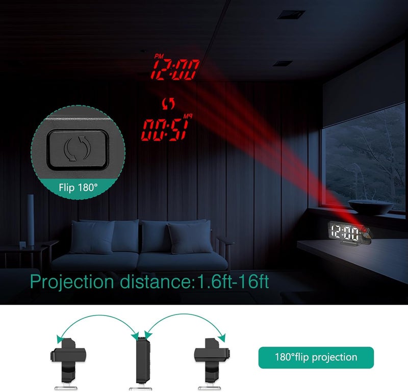 ORIA Projection Alarm Clock, 7.9'' Digital Alarm Clock with 180° Rotatable Projector, LED Alarm Clock with Temperature, 4-Level Dimmer, 12/24H, Snooze, for Home, Bedroom Ceiling, Living Room - Image 3