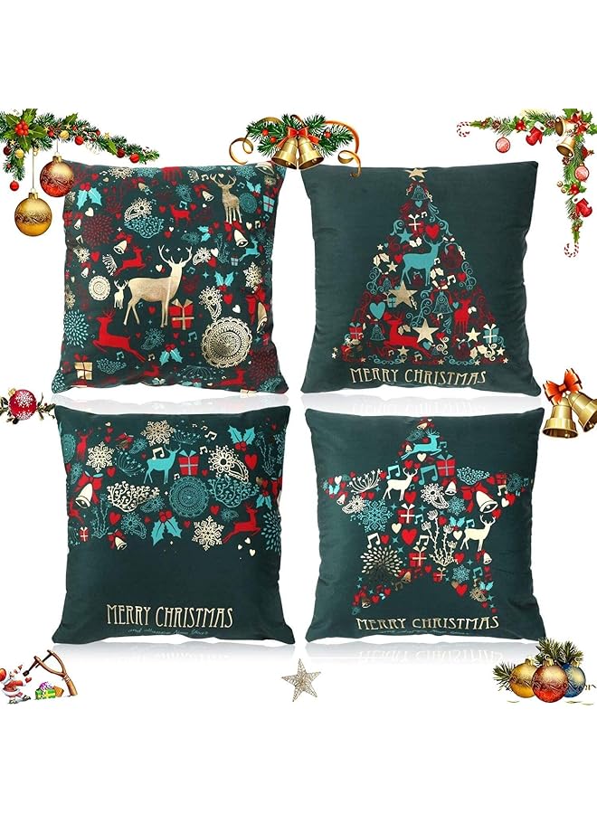 The Bros 4pcs Christmas Throw Pillow Covers 45x45cm Green Christmas Pattern Christmas Decorative Pillow Cases Fancy Velvet Sofa Couch Christmas Pillow Covers (Green, 45x45cm) - Image 1