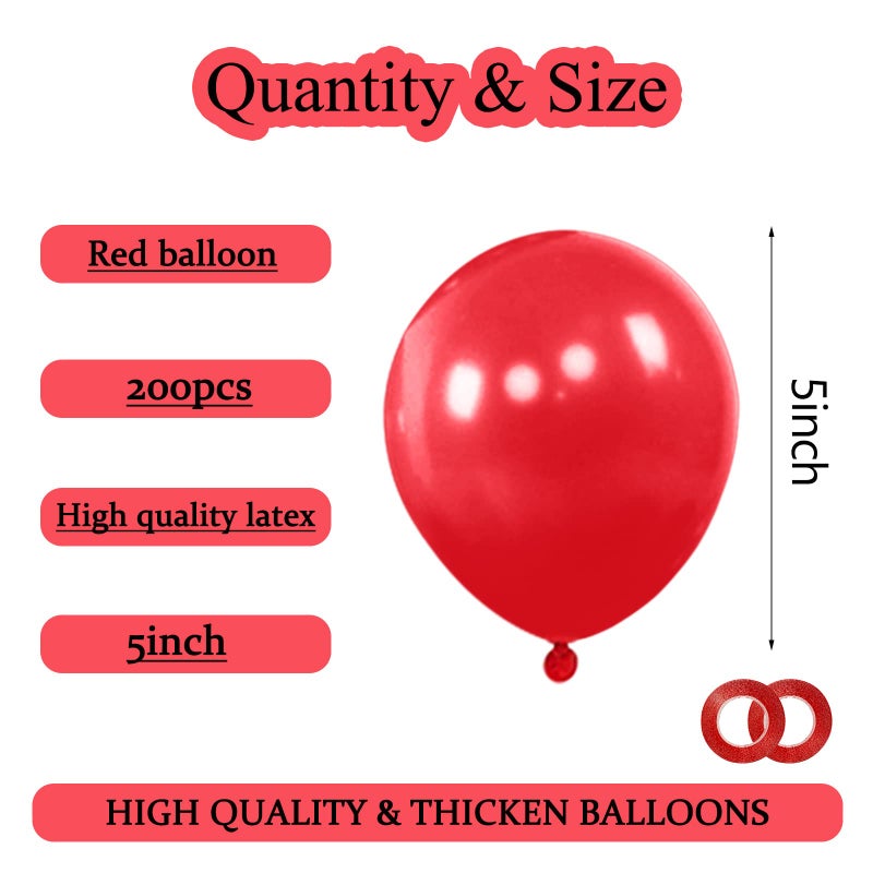 KAWKALSH 200pcs Red Balloons 5 Inch, Small Mini Latex Balloons for Party Birthday Baby Shower Anniversary Festival Arch Garland Decoration - Image 2