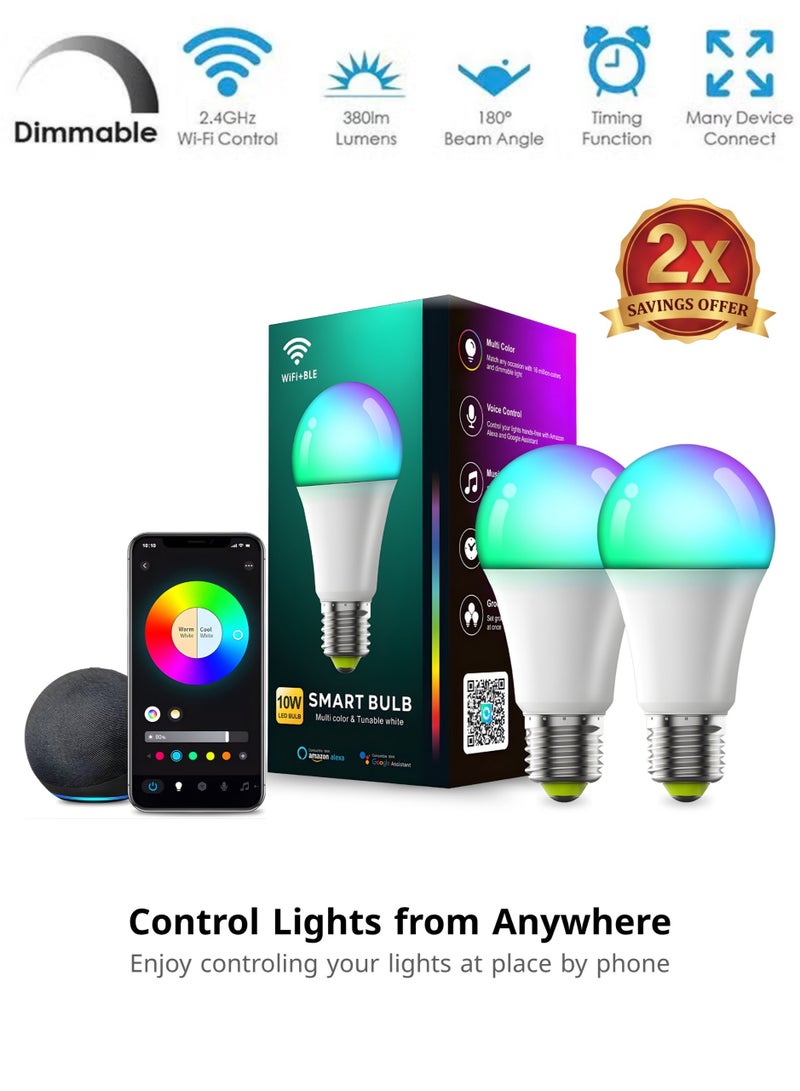 ACCEPT Pack of 2: 10W Smart Wi-Fi Bluetooth LED Bulb, E27 Dimmable RGB 16 Million Colors, Compatible with Alexa & Google Assistant, Remote App Control, Energy Saving (2-Pieces Set) - Image 1