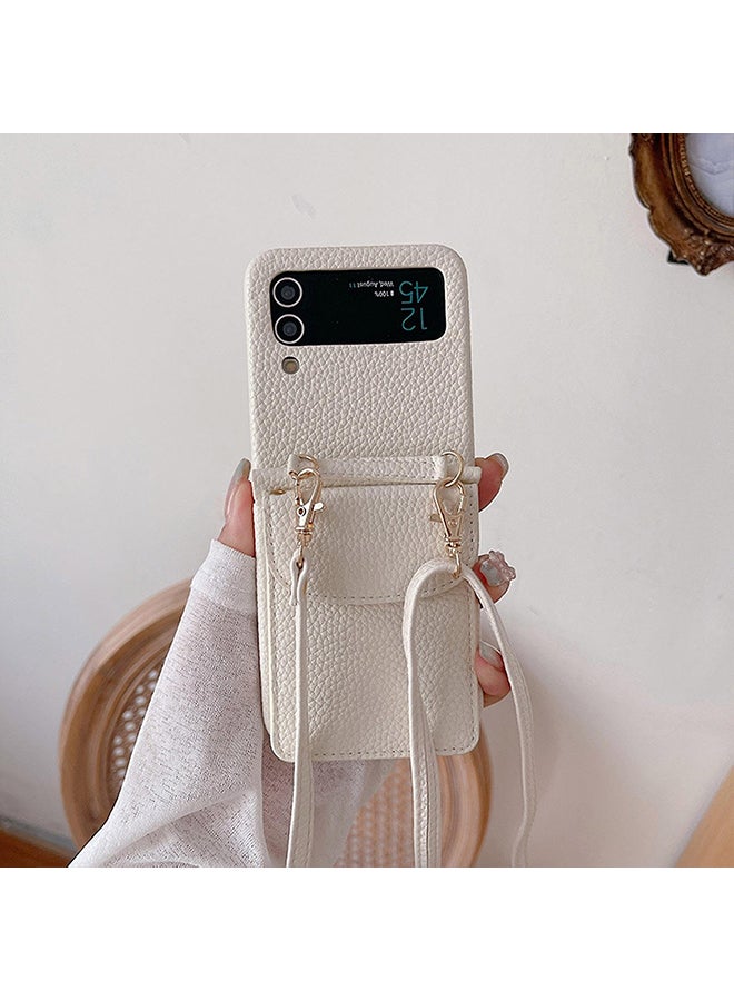 O Ozone Case For Samsung Galaxy Z Flip 5 Wallet Case Elegant PU Leather Card Holder & Adjustable Crossbody Lanyard Shockproof Protective Phone Cover - White - Image 1