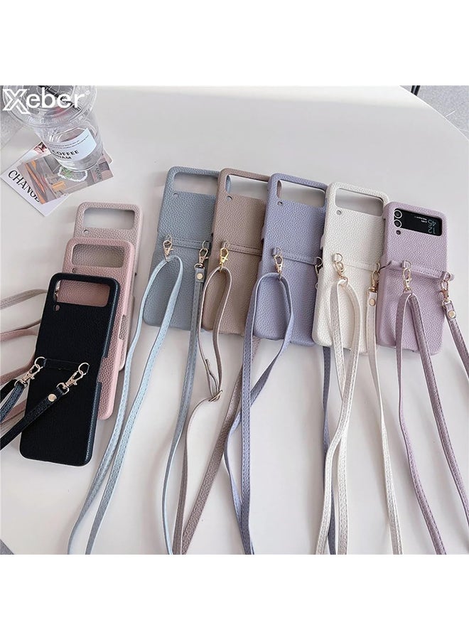 O Ozone Case For Samsung Galaxy Z Flip 5 Wallet Case Elegant PU Leather Card Holder & Adjustable Crossbody Lanyard Shockproof Protective Phone Cover - White - Image 2