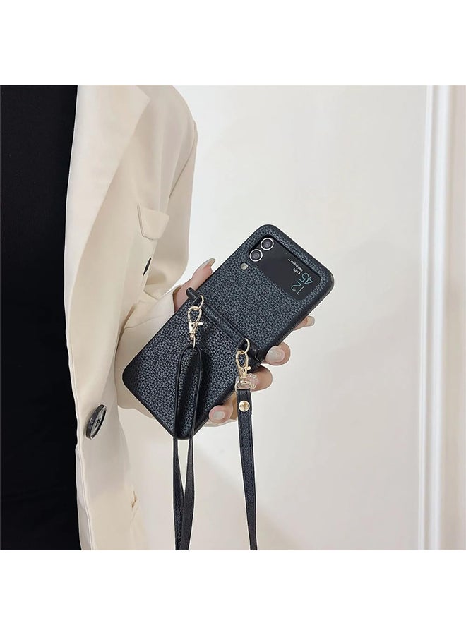 O Ozone Case For Samsung Galaxy Z Flip 5 Wallet Case Elegant PU Leather Card Holder & Adjustable Crossbody Lanyard Shockproof Protective Phone Cover - White - Image 4