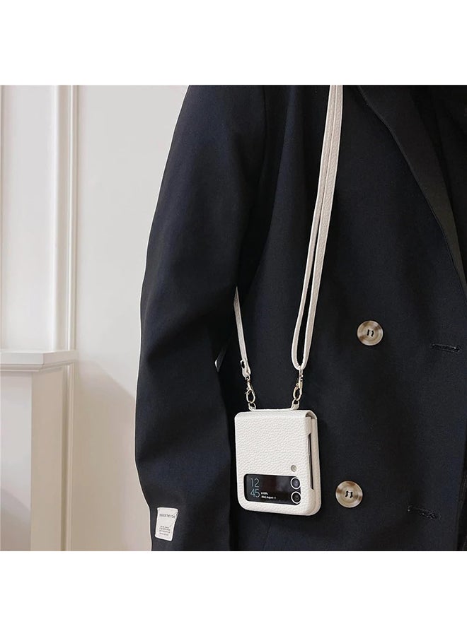 O Ozone Case For Samsung Galaxy Z Flip 5 Wallet Case Elegant PU Leather Card Holder & Adjustable Crossbody Lanyard Shockproof Protective Phone Cover - White - Image 3