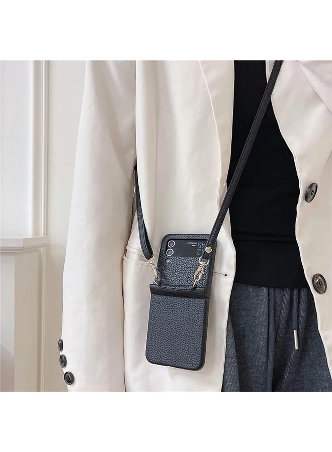 O Ozone Case For Samsung Galaxy Z Flip 5 Wallet Case Elegant PU Leather Card Holder & Adjustable Crossbody Lanyard Shockproof Protective Phone Cover - White - Image 5