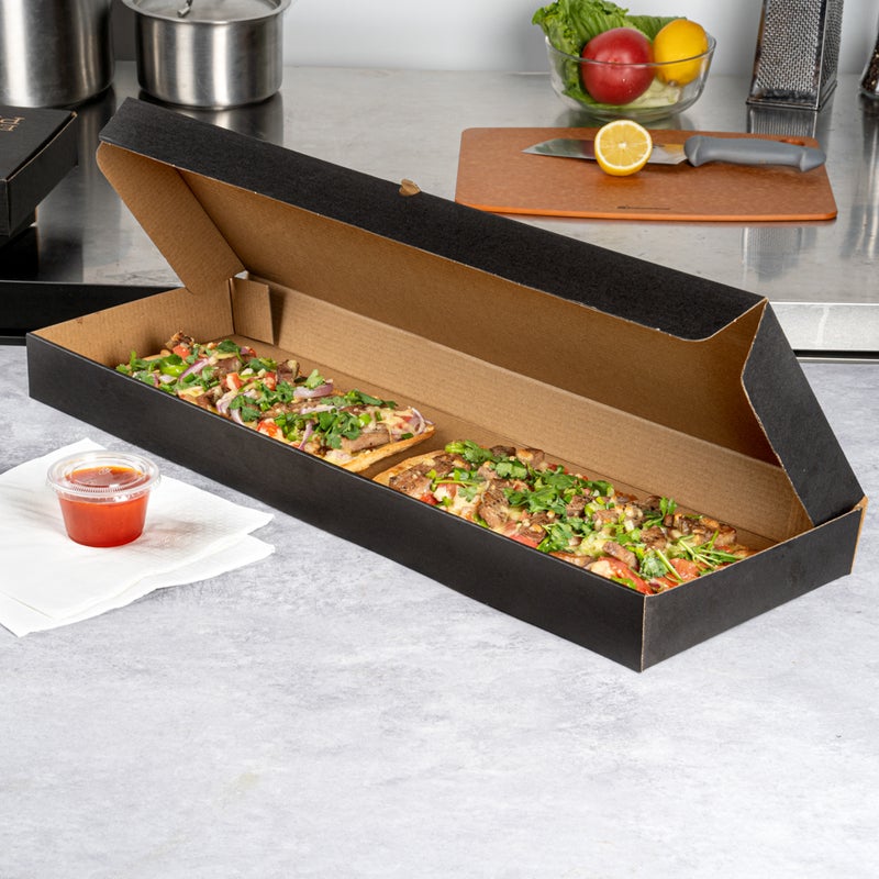 Restaurantware Restaurantware-Eco Pie 24 x 12 x 2 Inch Flatbread Takeaway Boxes, 50 Sturdy Corrugated Pizza Boxes - E-Flute Design, Tab-lock System, Black and Kraft Paper Pizza Boxes, Disposable, For Flatbreads - Image 3