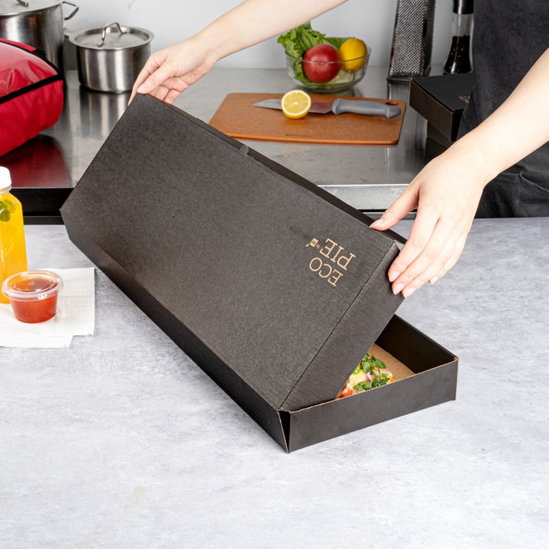 Restaurantware Restaurantware-Eco Pie 24 x 12 x 2 Inch Flatbread Takeaway Boxes, 50 Sturdy Corrugated Pizza Boxes - E-Flute Design, Tab-lock System, Black and Kraft Paper Pizza Boxes, Disposable, For Flatbreads - Image 5