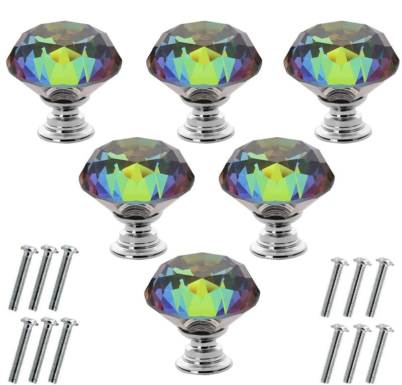 Akstore 6 Pcs Crystal Glass Cabinet Knobs 30mm Diamond Shape Drawer Kitchen Cabinets Dresser Cupboard Wardrobe Pulls Handles 30mm Colorful