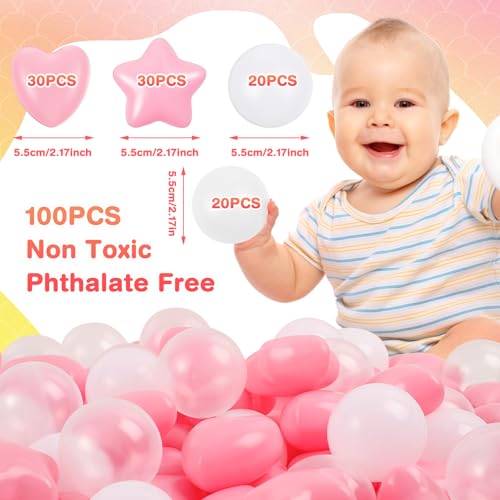 RoundFunny 100 Pieces Pink White Clear Plastic Balls for Ball Pit Five Pointed Star Heart Round Ocean Soft Toy 217 Inch for Baby Kid Playpen Friendship Party Decoration - Image 5