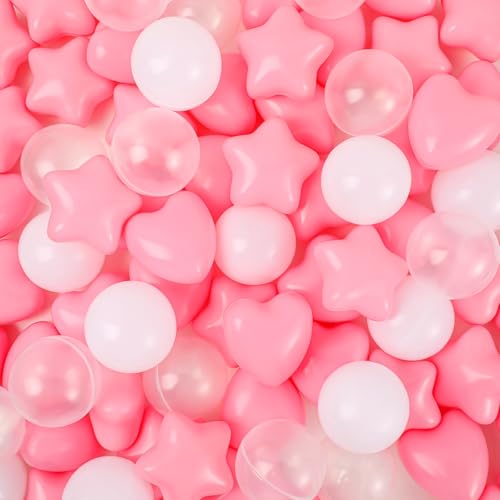 RoundFunny 100 Pieces Pink White Clear Plastic Balls for Ball Pit Five Pointed Star Heart Round Ocean Soft Toy 217 Inch for Baby Kid Playpen Friendship Party Decoration - Image 1