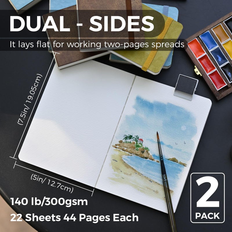 Funto Watercolor Journal, 7.5x5, 2 Packs, 44 Pages Each, Cold-Pressed 100% Cotton, Pearlescent PU Leather Blue Cover, Art Supplies for Mixed Media - Image 2