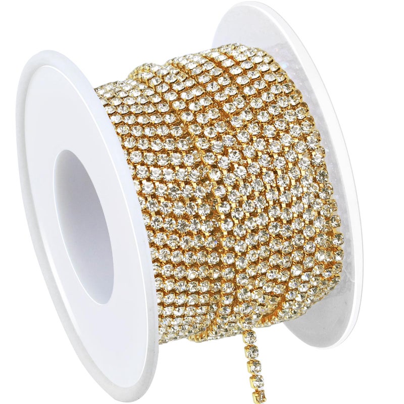 Dowarm Rhinestone Chain Roll - 10 Yards, Crystal Rhinestones, Close Chain, Sew On Trim (Gold, SS6 2MM) - Image 1