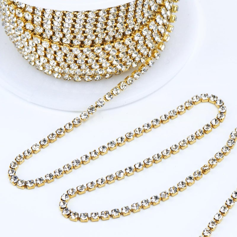 Dowarm Rhinestone Chain Roll - 10 Yards, Crystal Rhinestones, Close Chain, Sew On Trim (Gold, SS6 2MM) - Image 2