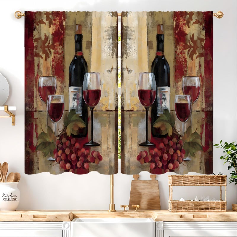Famiffty Red Wine Kitchen Curtains 27.5W X 39L Inch 2 Panels Rod Pocket Vintage Burgundy Abstract Grapes Small Short Cafe Tier Curtains Retro Glasses Neutral Bottles Window Drapes Treatment Home Decor - Image 2