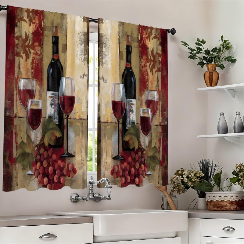Famiffty Red Wine Kitchen Curtains 27.5W X 39L Inch 2 Panels Rod Pocket Vintage Burgundy Abstract Grapes Small Short Cafe Tier Curtains Retro Glasses Neutral Bottles Window Drapes Treatment Home Decor - Image 3